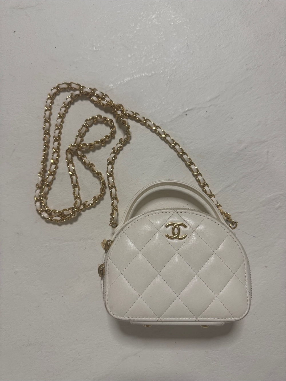 CHANEL White Quilted Mini Crossbody with Gold Chain